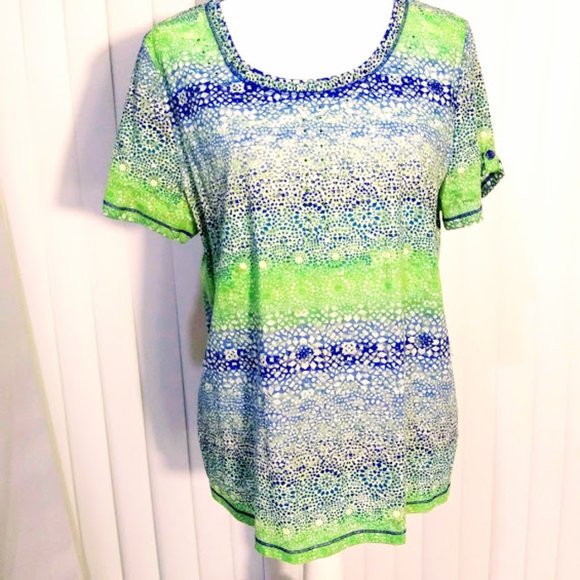 GLORIA VANDERBILT*SHORT SLEEVE TOP*BLUES & GREENS*WOMEN SIZE L*NWOT. - Picture 2 of 6